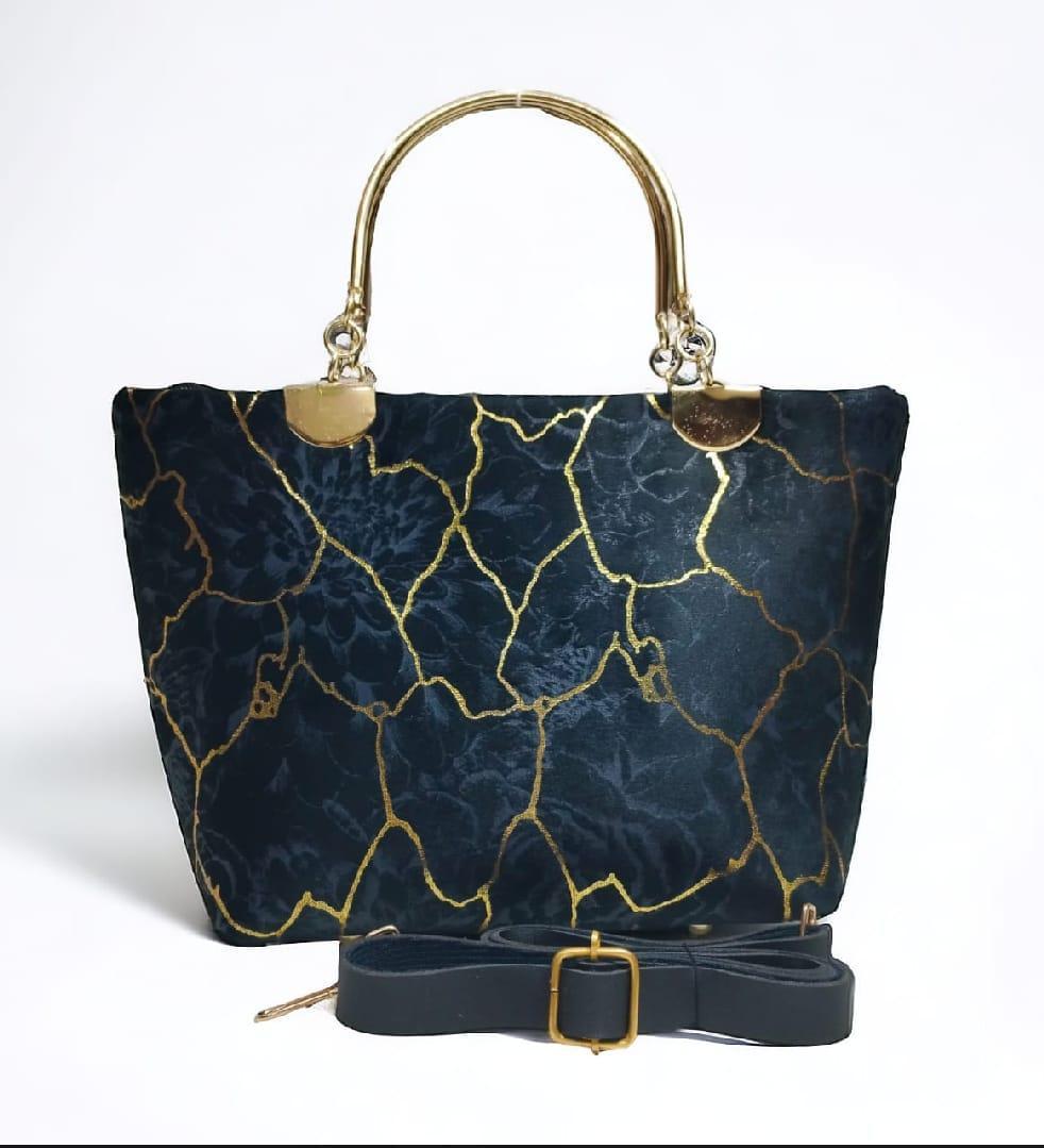 Girls Velvet Printed Handbag Blue 10x5x8