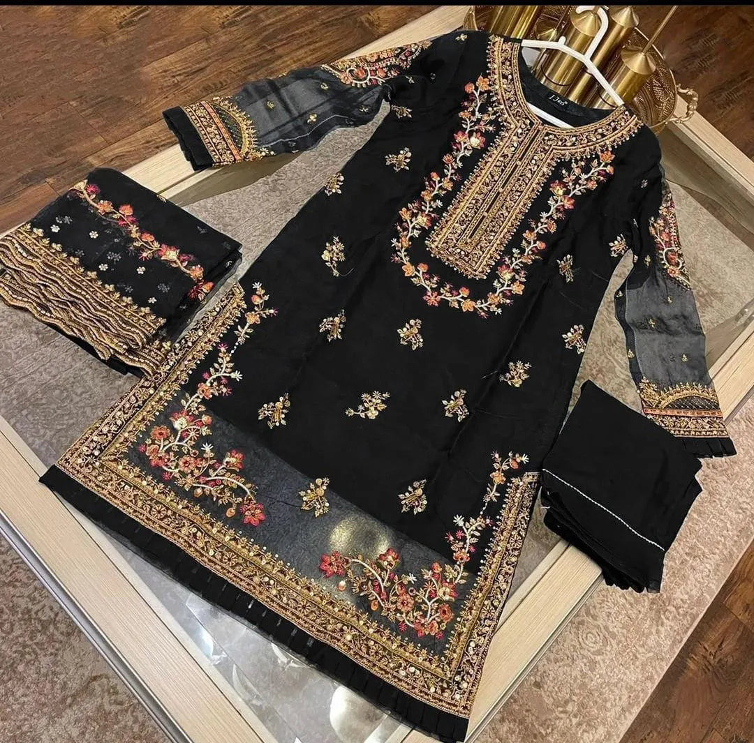 Black Embroidered 3-Piece Women Suit Party Wear