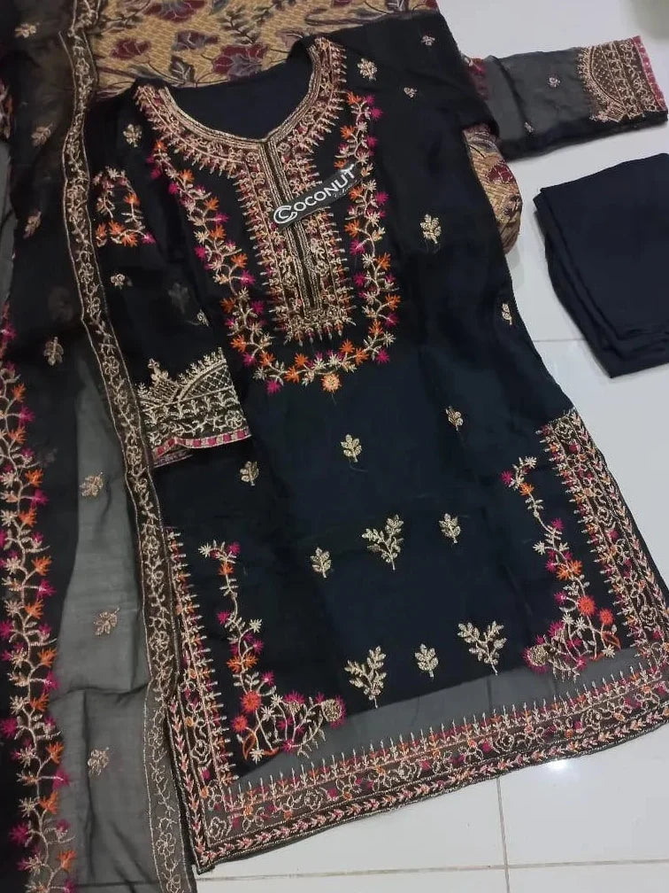 Black Embroidered 3-Piece Women Suit Party Wear
