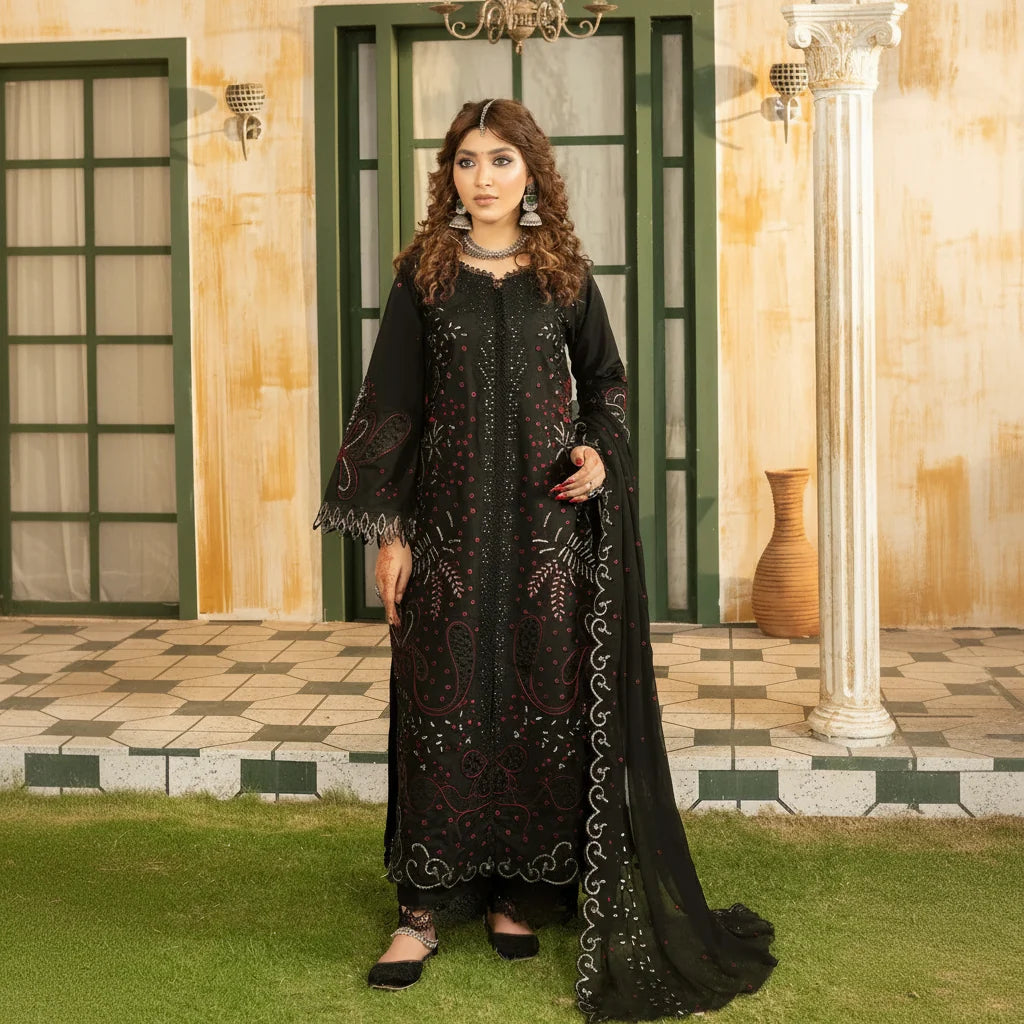 Lehran - U4B Women's Stitched Embroidered Lawn Suit - 3 Pcs In Black