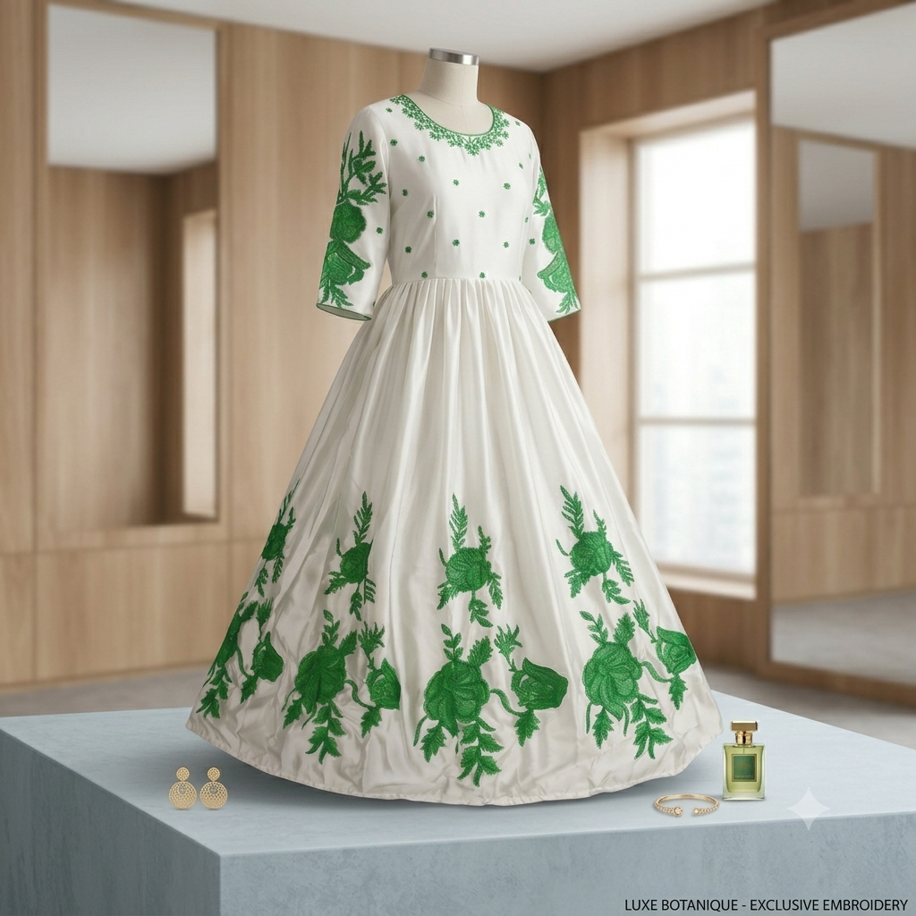 White Silk Maxi Suit with Green Floral Embroidery for Eid & Weddings