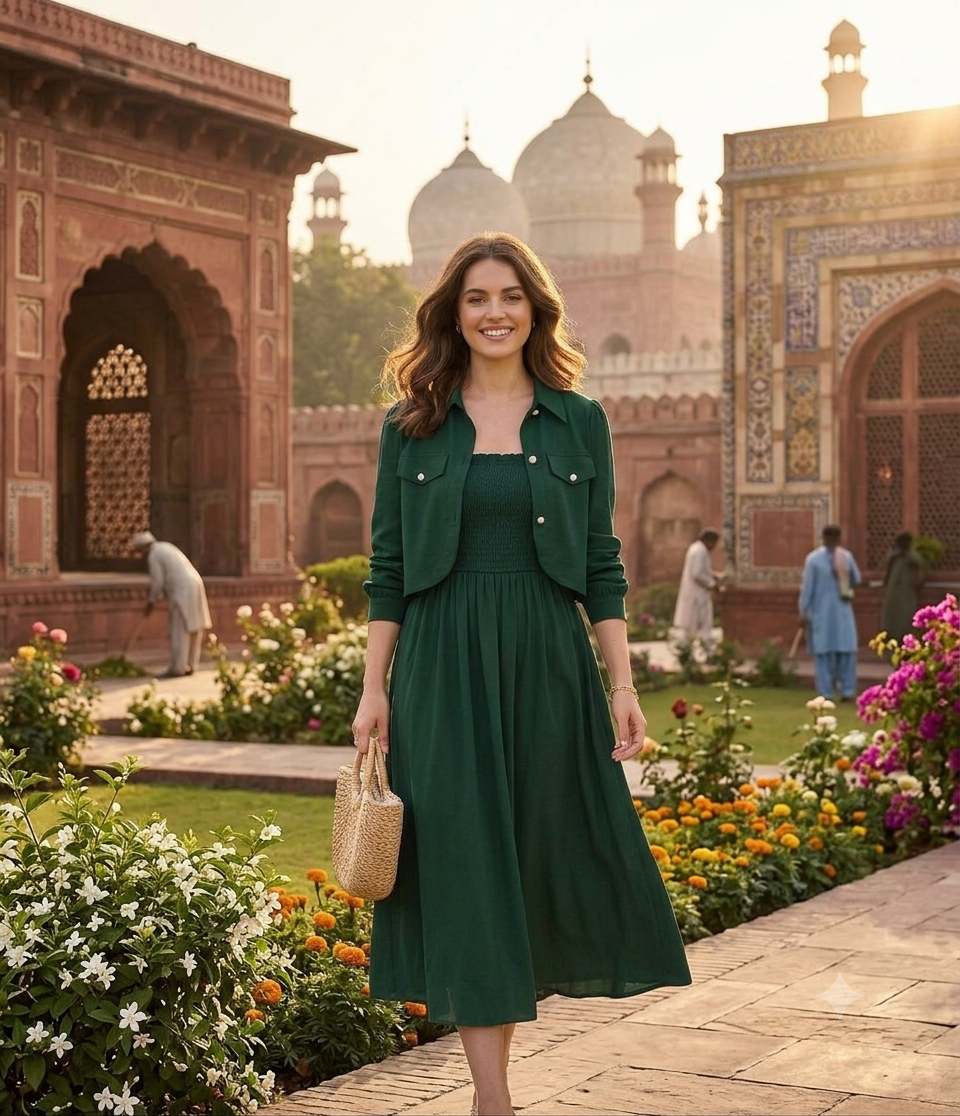 Green Linen 2Pcs Frock & Jacket Set